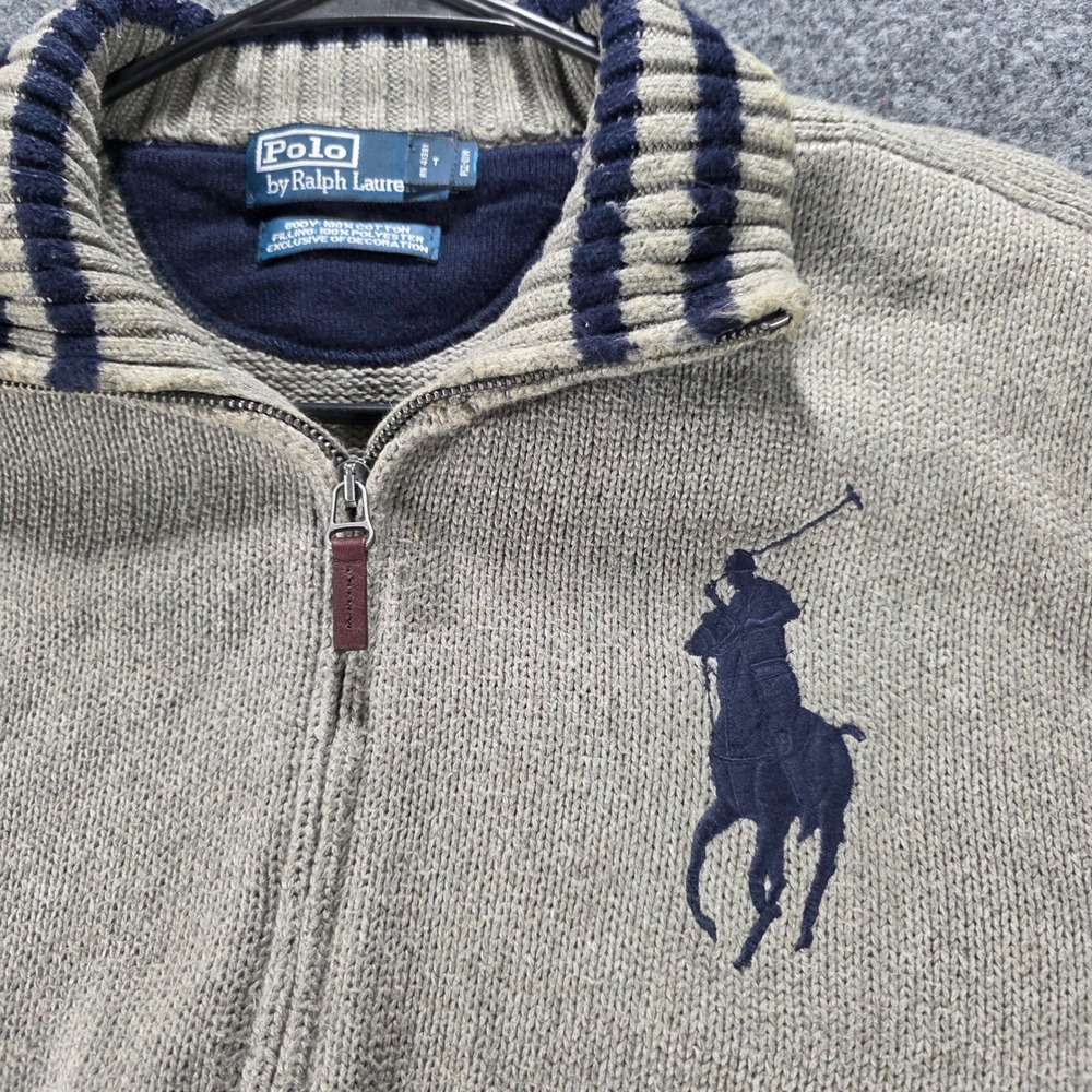 Polo Ralph Lauren Full Zip Sweater Big Pony Cotton Knit Elbow Patch XL Tan‎ Mens